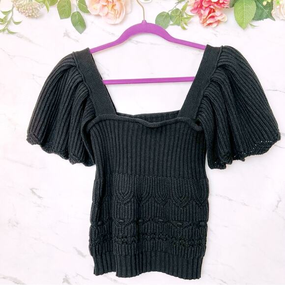 Entro Chunky Cable Knit Puff Ruffle Sleeve Square Neck Sweater Top Black Large - Picture 7 of 11